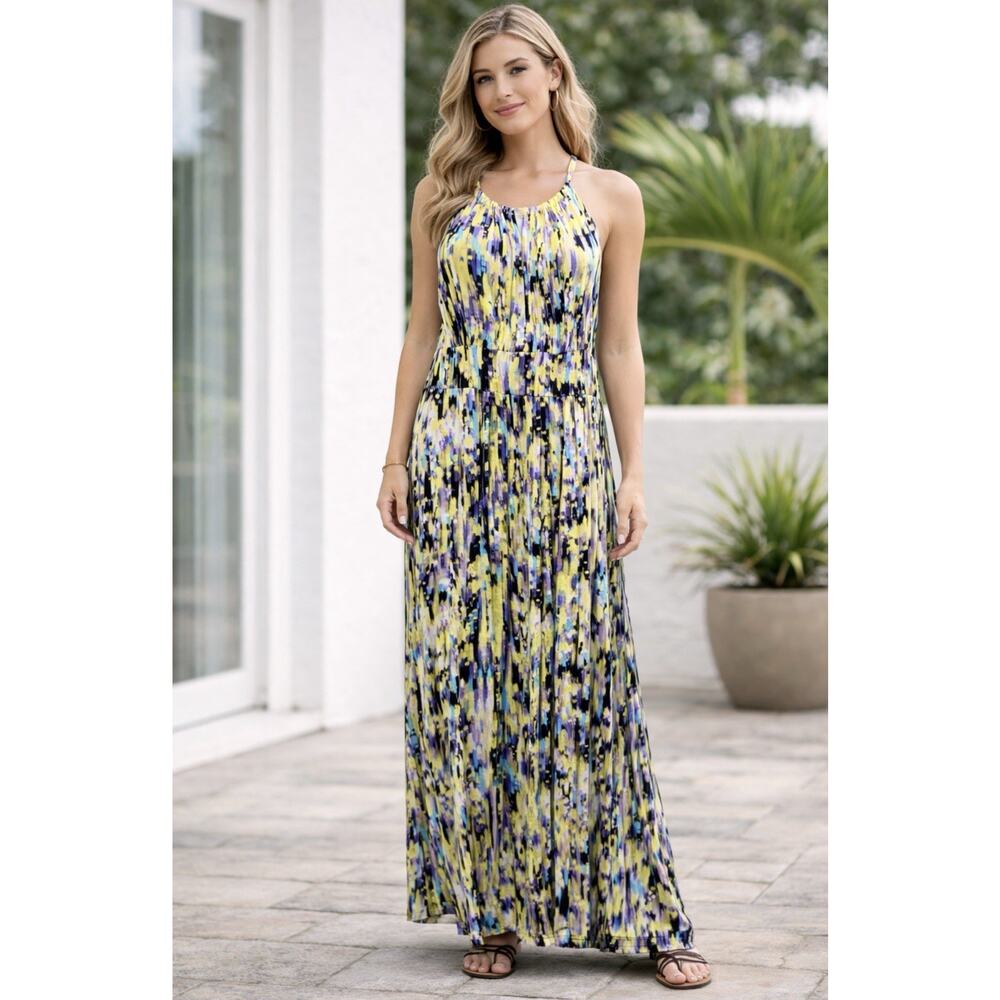 Alison Brittany Maxi Dress Women Large Yellow Purple Abstract Sleeveless Stretch